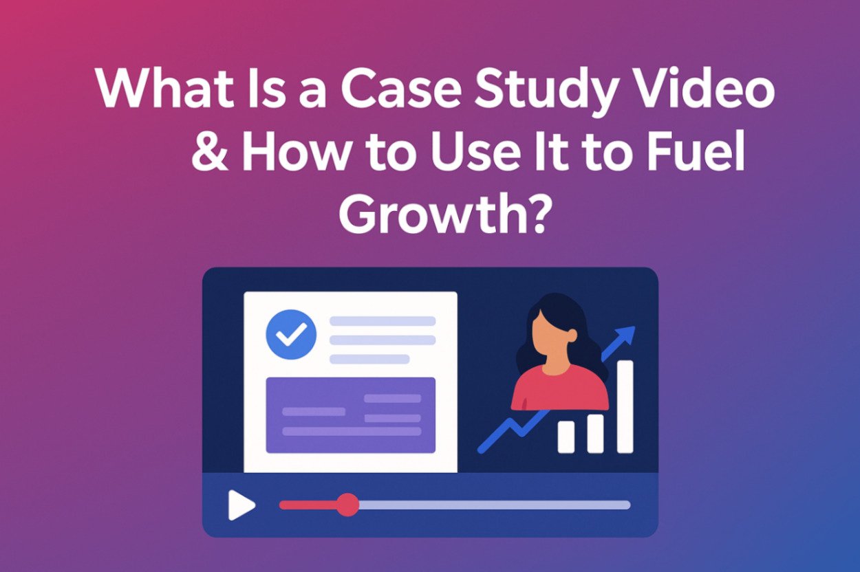 Blog cover with gradient background, bold text, and video player showing a case study document, customer, and growth chart