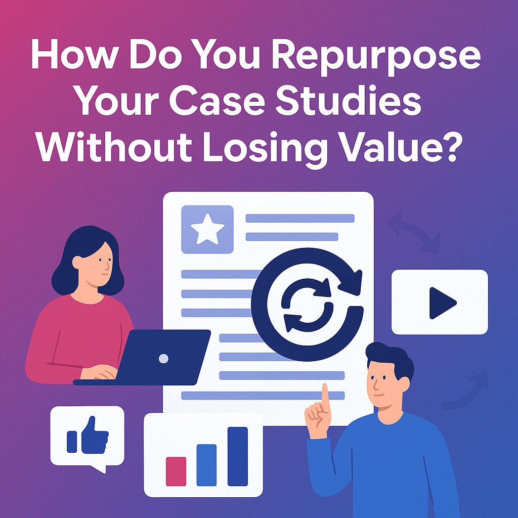 Blog cover with gradient background, case study icons, and repurposing arrows