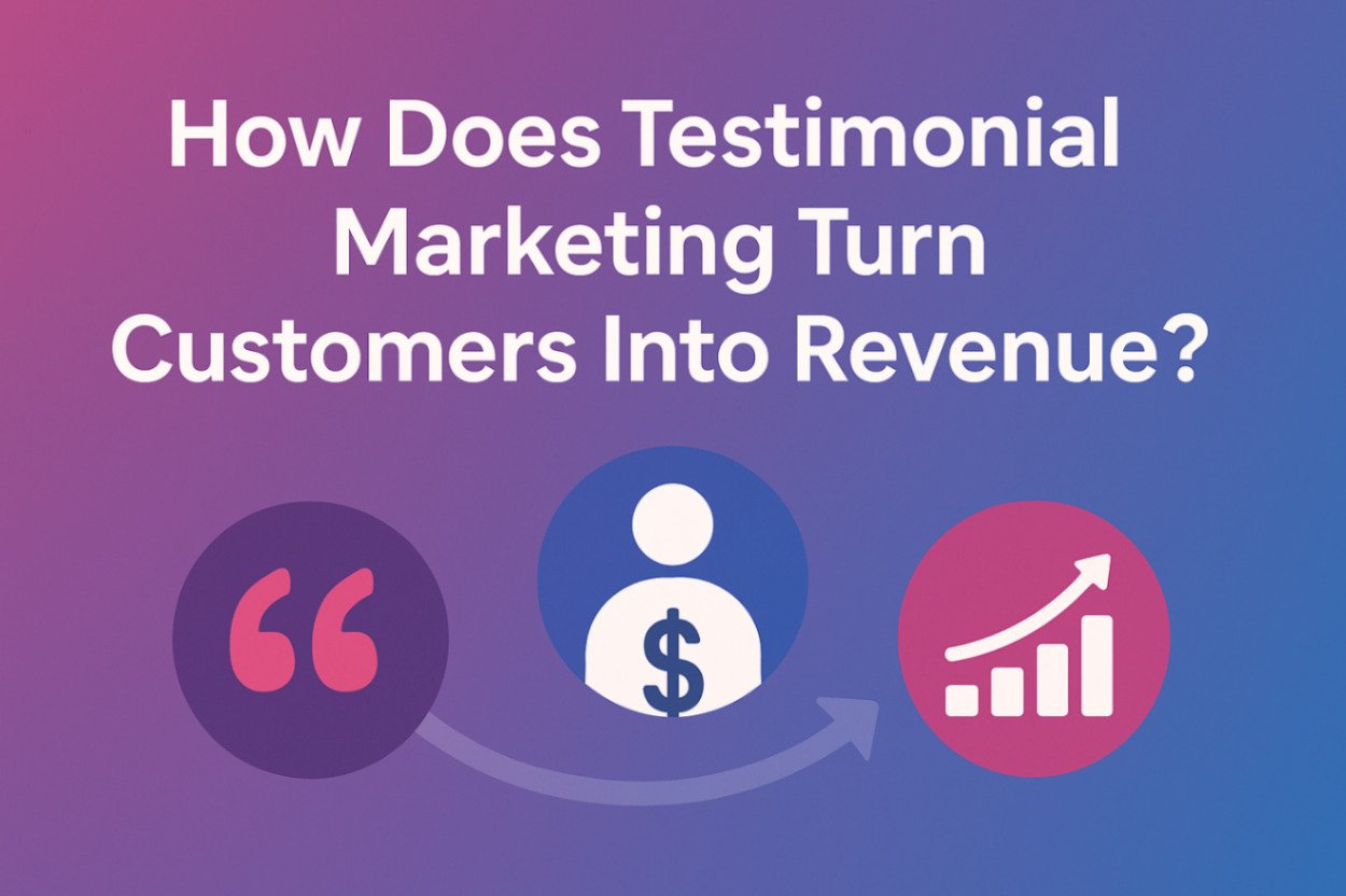 Gradient cover with icons showing testimonials turning into revenue