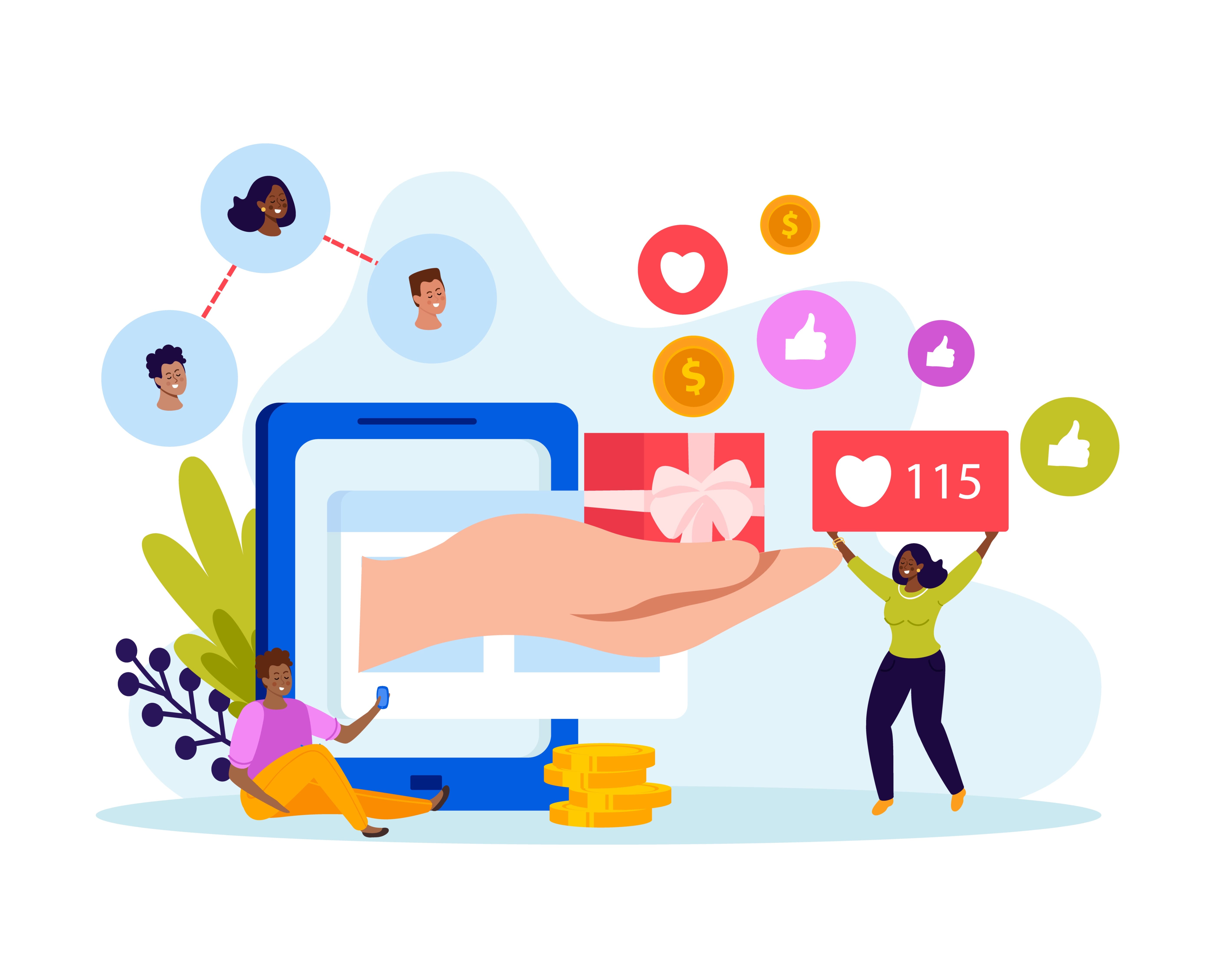 Illustration of social media interactions with likes, hearts, coins, and a gift box, showcasing engagement and social proof.