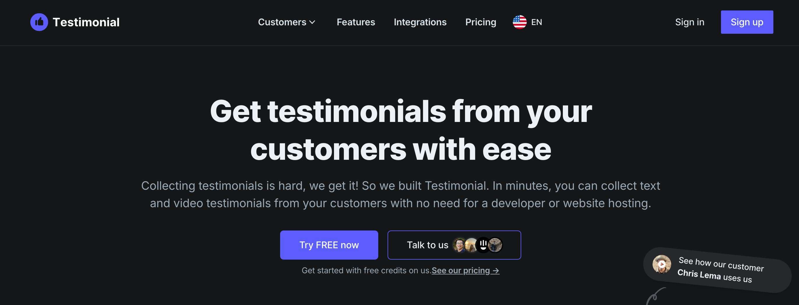 screenshot of Testimonial.to homepage