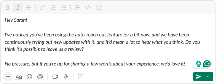 Screenshot of a slack draft