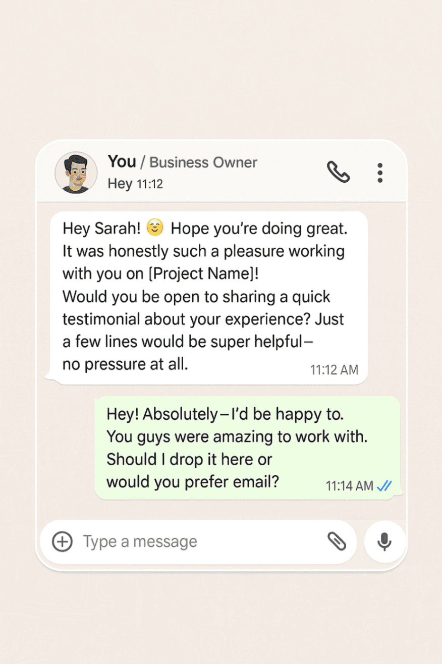 Illustration of a WhatsApp conversation on testimonial request