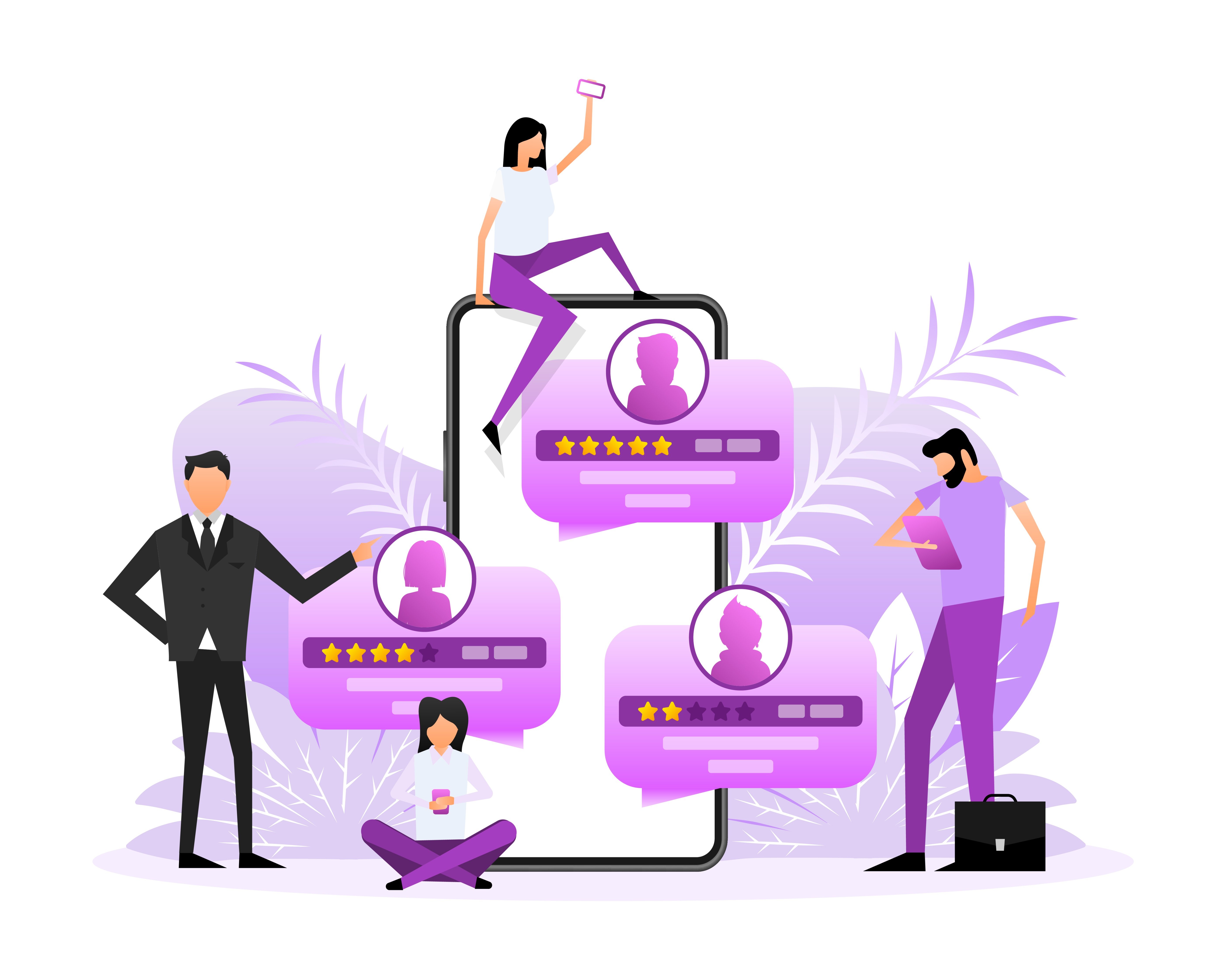 Customer review with gold star icon in laptop screen people illustration